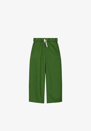 Groene, relaxte broek met een elastische tailleband, koord en zijzakken. De stof lijkt lichtgewicht met een soepele textuur.