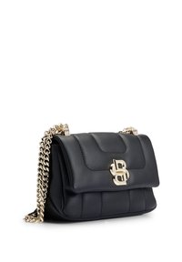 Black leather handbag with a quilted design, gold chain strap, and a notable logo clasp. Features a flap closure with padded texture.