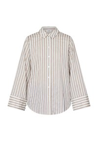 Knapup skjorte lavet af letvægtsstof, med lodrette hvide og brune striber, en krave og oprullede manchetter med vandrette striber.