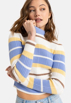 Geribd gebreid cropped sweater in wit, blauw, geel en bruine strepen. Hoge nek met aansluitende mouwen en een gestructureerd patroon.