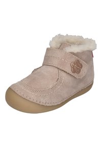 Stivaletto per bambina in suede rosa chiaro con morbido rivestimento in ecopelliccia bianca, chiusura con cinturino regolabile e suola in gomma beige.