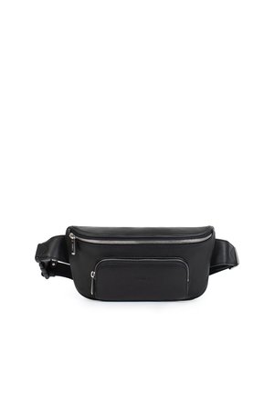 Sac banane en cuir noir avec deux compartiments zippés et une sangle réglable avec boucle en plastique.