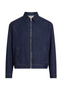 Giacca di jeans blu scuro con colletto, zip a tutta lunghezza e due tasche frontali. Presenta cuciture a contrasto e un design accorciato.