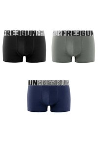 Trois paires de boxers pour hommes : noir, vert olive et bleu marine. Chacune a une taille élastique avec le logo « FREEGUN » imprimé en blanc.