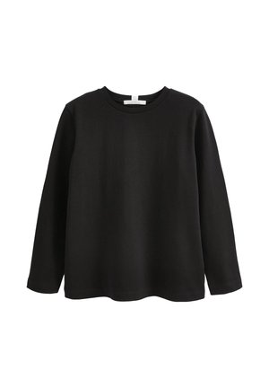 Zwart shirt met lange mouwen, ronde hals en rechte zoom, getoond tegen een witte achtergrond.