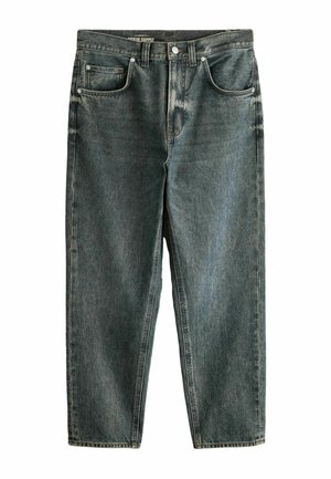 Dark grey straight-leg denim jeans with front button and zipper, belt loops, and five-pocket design.