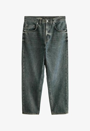 Dark grey straight-leg denim jeans with front button and zipper, belt loops, and five-pocket design.