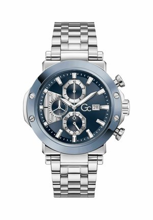 Hõbedane metallist kronograafiga käekell sinise numbrilauaga, kolme all-näidikuga, kuupäevaakna ja kell 3 kohal ning lingiribaga käepaelaga.