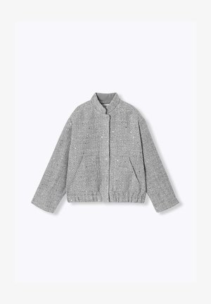 Veste grise texturée sans col, avec une taille élastiquée, des poches plaquées et une doublure douce. Présente des détails subtils tachetés.