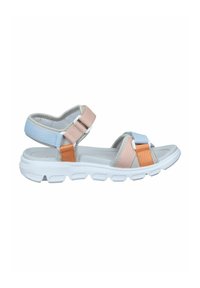 Lightweight sandals with a white rubber sole, featuring peach, blue, and orange straps. Design includes adjustable Velcro closures.
