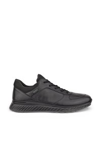 Sneaker nera con lacci con suola ammortizzata, tomaia in pelle e mesh, con etichetta impermeabile Gore-Tex sul lato, mostrata in profilo destro.