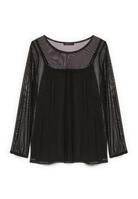 Maglia nera a maniche lunghe in materiale mesh trasparente, con scollo rotondo e design a strati sopra un sottile strato nero uniforme.
