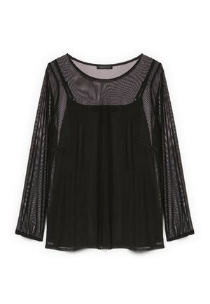 Maglia nera a maniche lunghe in materiale mesh trasparente, con scollo rotondo e design a strati sopra un sottile strato nero uniforme.