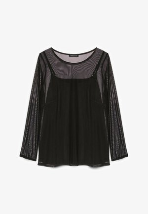 Schwarzes Langarmoberteil aus durchsichtigem Mesh-Material, mit rundem Ausschnitt und einem geschichteten Design über einer einfarbigen schwarzen Unterlage.
