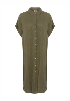 Abito camicia verde oliva a maniche corte realizzato in tessuto leggero. Presenta una chiusura con bottoni e un colletto alla francese. Vestibilità casual e ampia.