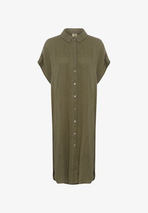 Olivengrünes, kurzärmliges Hemdkleid aus leichtem Stoff. Verfügt über eine durchgehende Knopfleiste und einen umgeschlagenen Kragen. Lässig, lockere Passform.