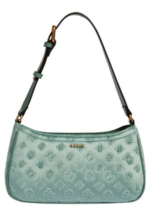 Mała zielona torebka na ramię z teksturowanym wzorem, regulowanym paskiem i złotym logo "GUESS" z przodu.