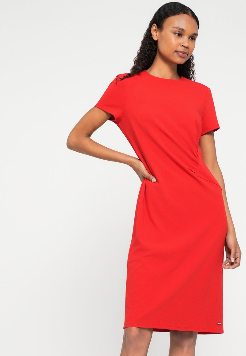 strapless open back dress Satin Off-Shoulder Draped Mini Dress in True Red - 2 main image 0