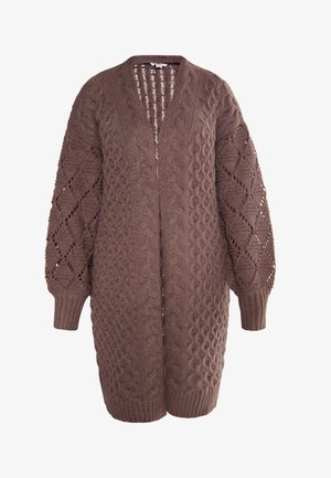 Brown knitted cardigan with a loose fit, featuring openwork patterns and textured cable designs. Long sleeves with ribbed cuffs.