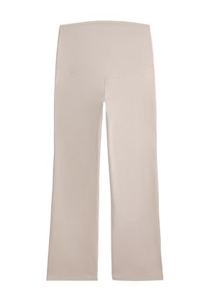 Beige hoge-was brede broek gemaakt van glad, rekbaar materiaal. Kenmerkt een naadloze tailleband en een ontwerp met volle lengte.