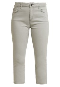 Jeans croppati grigio chiaro con un design aderente, dotati di chiusura frontale con bottone, stile a cinque tasche e dettagli di cucitura discreti.