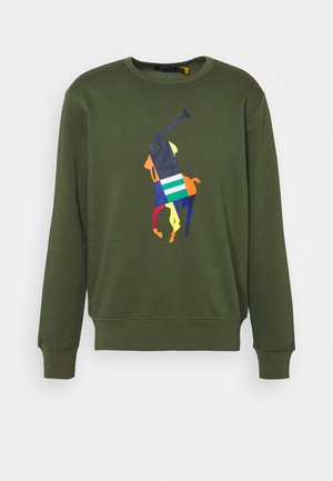Sweat-shirt vert olive avec une silhouette multicolore d'un joueur de polo à cheval centrée sur le devant.