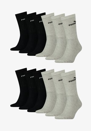Paket mit sechs Socken: drei schwarze mit geripptem Textur und Logo, drei graue mit ähnlichen Eigenschaften. Jedes Paar hat ein Design bis zur Mitte der Wade.