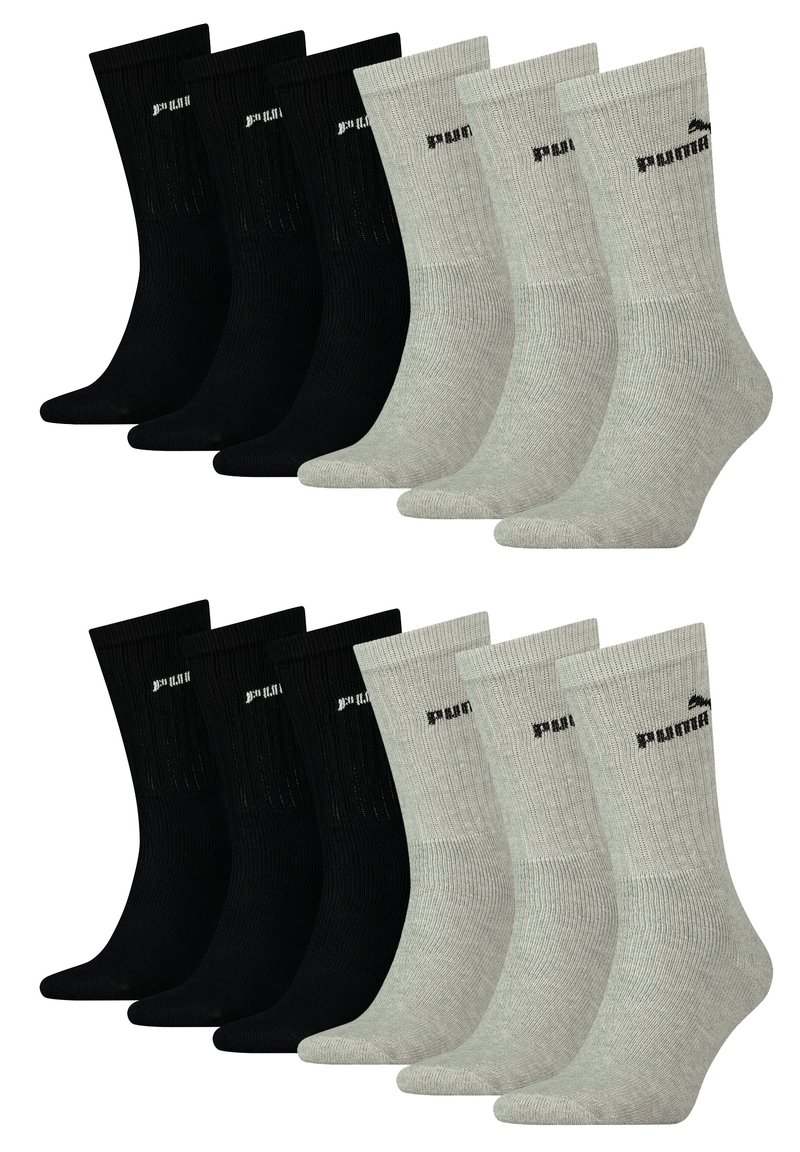 Paket mit sechs Socken: drei schwarze mit geripptem Textur und Logo, drei graue mit ähnlichen Eigenschaften. Jedes Paar hat ein Design bis zur Mitte der Wade.