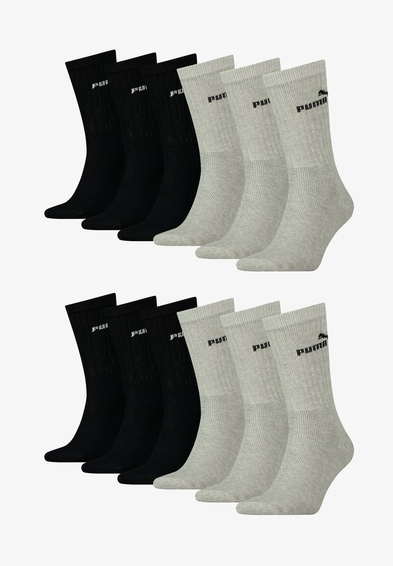 Paket mit sechs Socken: drei schwarze mit geripptem Textur und Logo, drei graue mit ähnlichen Eigenschaften. Jedes Paar hat ein Design bis zur Mitte der Wade.