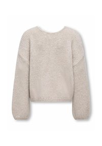 Svetlo sivi pleteni pulover z okrolim izrezom, dolgimi balonastimi rokavi in teksturirano površino. Kroj je skrajšan, spodnji rob pa je rebrast.