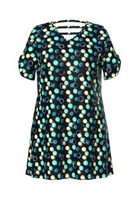 Kurzarmkleid aus dunklem Stoff mit V-Ausschnitt und dekorativer Aussparung. Mit einem mehrfarbigen Punktemuster in Blaugrün, Gelb und Weiß.
