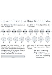 Guide de taille de bague sur papier A4, présentant des cercles avec diamètre et circonférence en mm, détaillé avec des instructions et des conseils pour mesurer avec précision.