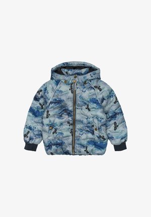 Veste matelassée bleue et verte avec un motif de montagne, dotée d'une fermeture éclair frontale, d'une capuche, de poignets élastiques et de boutons-pression décoratifs dorés.