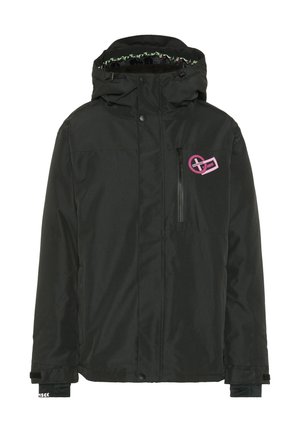 Black jacket with a zippered pocket and a pink logo on the chest. Features a lined hood and adjustable cuffs. Made of textured material.