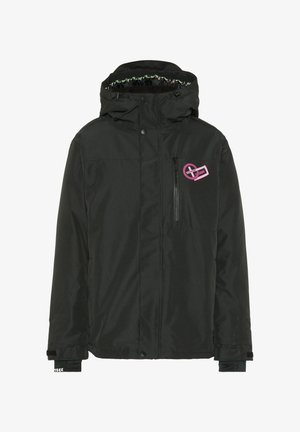 Black jacket with a zippered pocket and a pink logo on the chest. Features a lined hood and adjustable cuffs. Made of textured material.