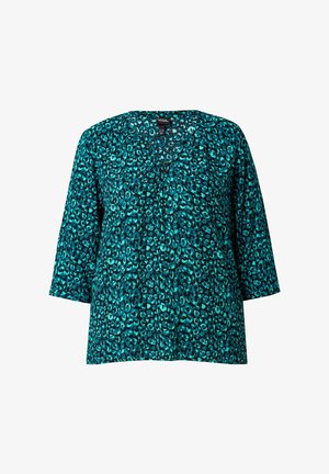 Top a maniche corte in turchese con stampa leopardata nera, caratterizzato da una scollatura a V e tre bottoni decorativi sul davanti. Tessuto con texture liscia.