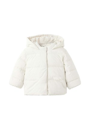 Weiße gesteppte Winterjacke mit Kapuze für Kinder mit langen Ärmeln und vorderem Reißverschluss.
