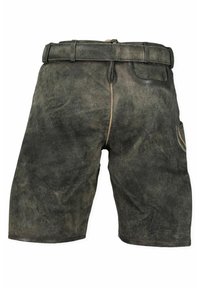 Herren Leder Shorts in Dunkelgrau, mit einem breiten Bund und einer seitlichen Tasche. Das Material hat eine strukturierte, robuste Oberfläche.