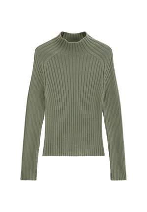 Pull en maille côtelée à manches longues, vert olive, col rond montant et silhouette ajustée.