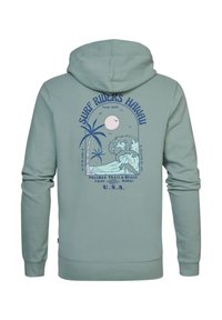 Világoszöld kapucnis pulóver, hátulján pálmafák, hullámok és nap grafika található, kék színű "Surf Riders Hawaii" felirattal. Simara anyag, laza dizájn.