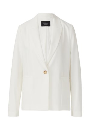 Blazer bianco con un singolo bottone marrone, rever a zigzag, due tasche frontali e una texture della stoffa liscia. Etichetta visibile all'interno del colletto.