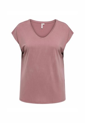Top mauve à manches courtes en V, fabriqué dans un tissu doux. Présente une coupe décontractée et de légentes fentes latérales au niveau de l'ourlet pour le confort.