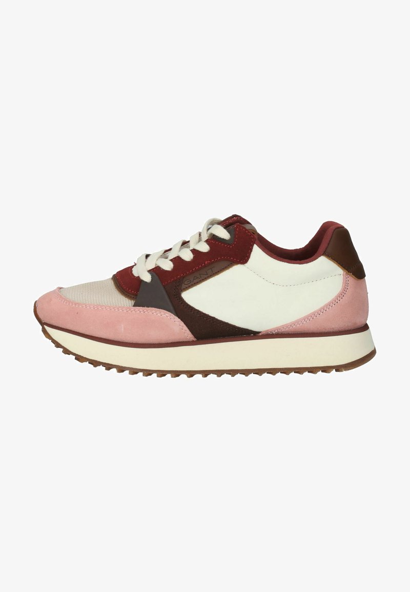 Sneaker aus einer Materialmischung; rosa Wildleder, weißes Leder und braune Akzente. Gepolsterte weiße Zwischensohle und strukturierte Gummisohle.