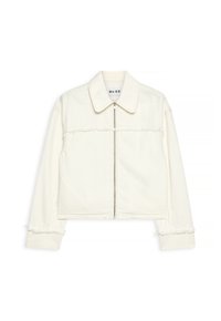 Kärbitud valge denim-jakk, millel on ees lukustus, krae ja frantsi näärid varrukatel ja äärel. Omab minimalistlikku disaini.