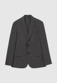 Veste de costume gris charbon avec un tissu texturé, des revers crantés, une fermeture à deux boutons et deux poches avant. Coupe ajustée et lignes épurées.