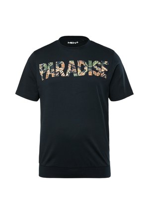 Granatowa koszulka z krótkim rękawem z napisem "PARADISE" w wyraźnym, liściastym zielonym i beżowym druku. Wykonana z miękkiego bawełnianego materiału.