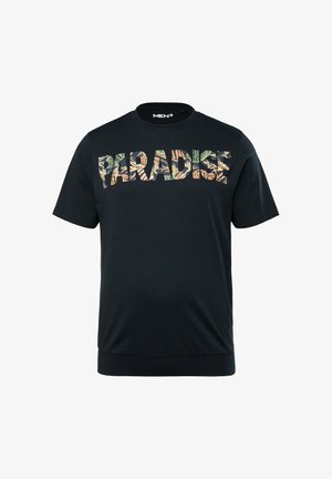 Granatowa koszulka z krótkim rękawem z napisem "PARADISE" w wyraźnym, liściastym zielonym i beżowym druku. Wykonana z miękkiego bawełnianego materiału.