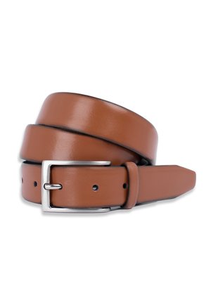 Brown leather belt with a smooth texture, featuring a silver rectangular buckle and multiple holes for size adjustment.