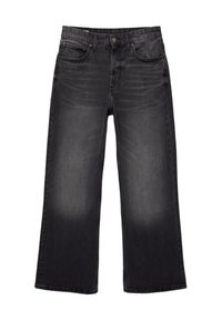 Jeans de mezclilla negra de pierna ancha con un acabado desgastado, que presentan un cierre de botón y cremallera, diseño de cinco bolsillos y detalles de costura sutil.