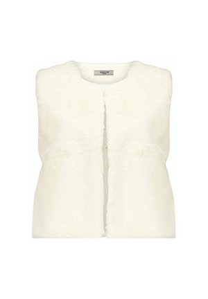 Gilet en fourrure blanche avec un col rond, à l'avant ouvert et à la texture douce. Sans fermetures visibles, présentant un design simple et épuré.